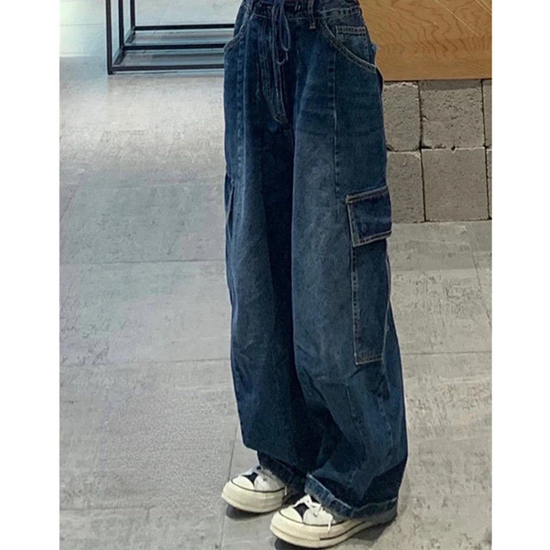 

Dark Blue vintage cargo Jeans Women's 2023 Spring y2k Streetwear Loose high waisted jeans Straight Wide Leg cargo Jeans Women's
