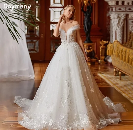 

Doymeny Off The Shoulder Wedding Dress A-line Tulle Charming Beaded Appliques Sweep Train Zipper Bridal Wear