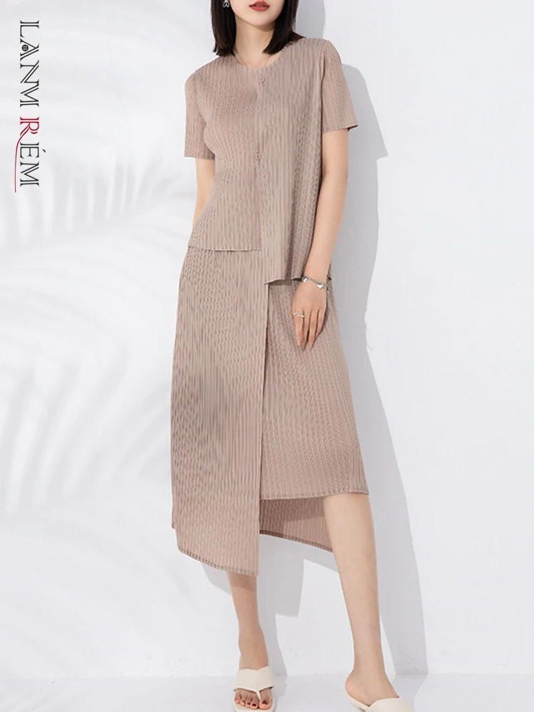 

LANMREM Pleated 2 Pieces Set For Women Round Neck Short Sleeves Single Breasted Irregular Tops High Waist Solid Skirts 2YA2696