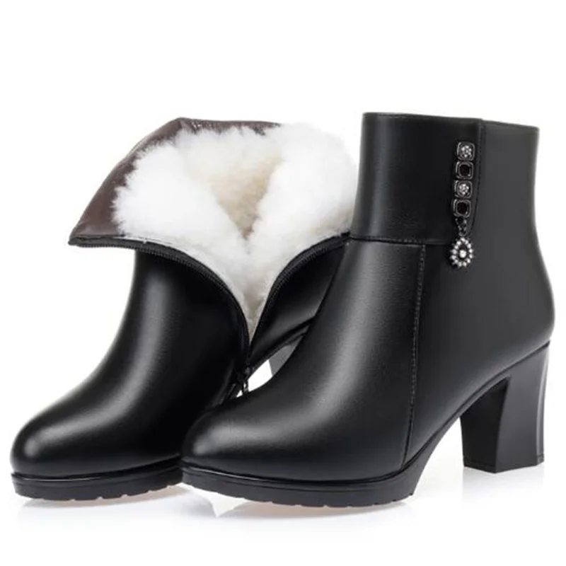 Women's Winter Boots 2022 Cow Leather Women Boots Wool High Heeled