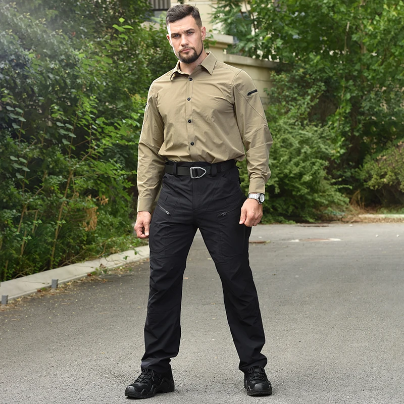 

HAN WILD Quick Dry Tactical Shirts Men's Breathable Long Sleeve Multi-Pockets Work Cargo Shirts Outdoor Hiking Fishing Shirt