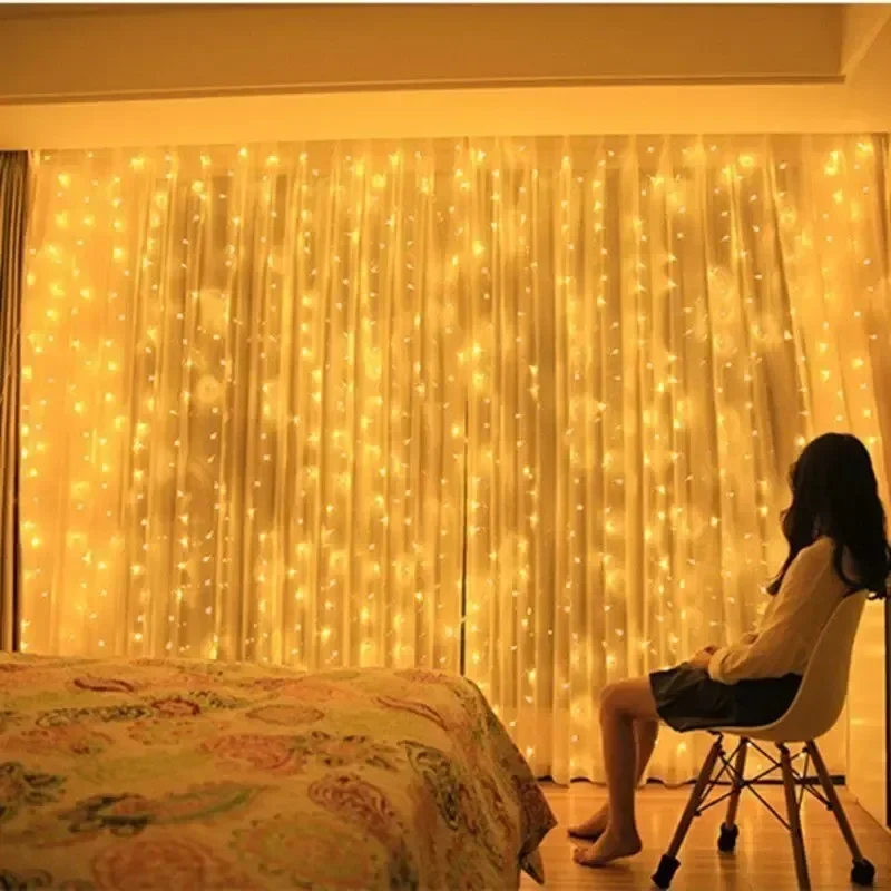 1pc 6x3/3x3/3x2/3x1m USB LED Curtain String Lights EID Mubarak Bedroom Garland Fairy Lamp Wedding Party Home Ramadan Decoration