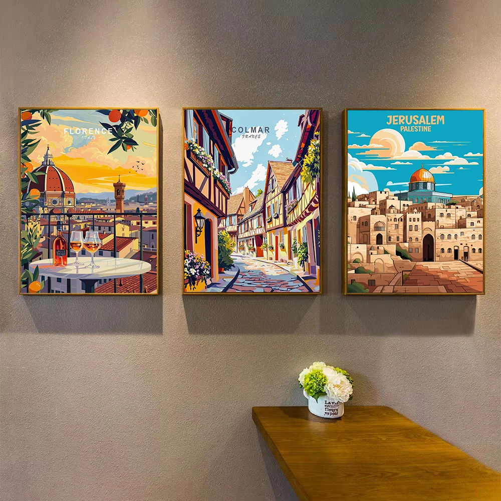 5D 여행 포스터 다이아몬드 그림 도시 건축 모자이크 자수 크로스 스티치 키트 벽 아트 그림 홈 거실 장식