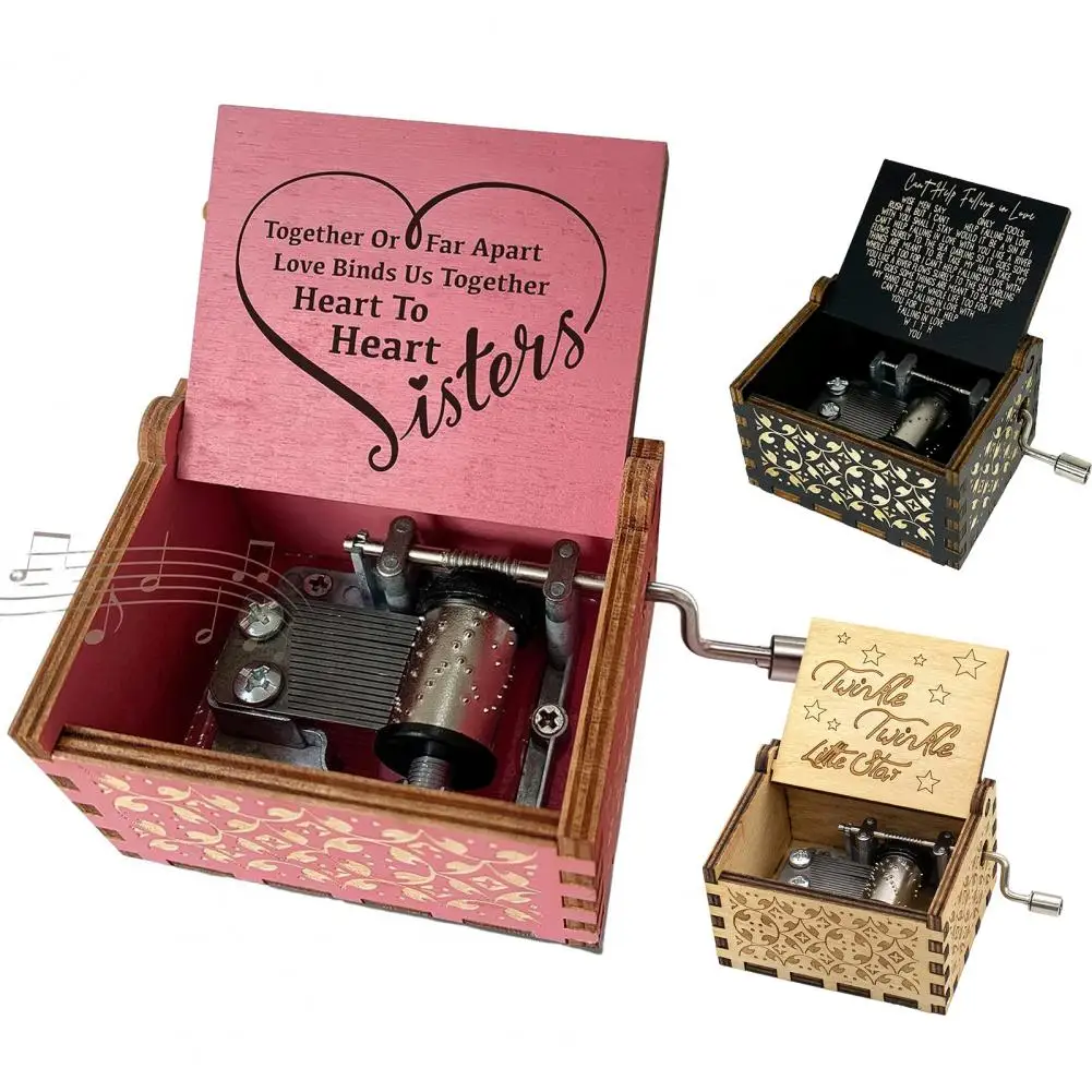 Wooden Music Box Manual Handle Soothing Melody Engraved Words Mini Mechanical Musical Box Girlfriend Boyfriend Wife Husband Birt