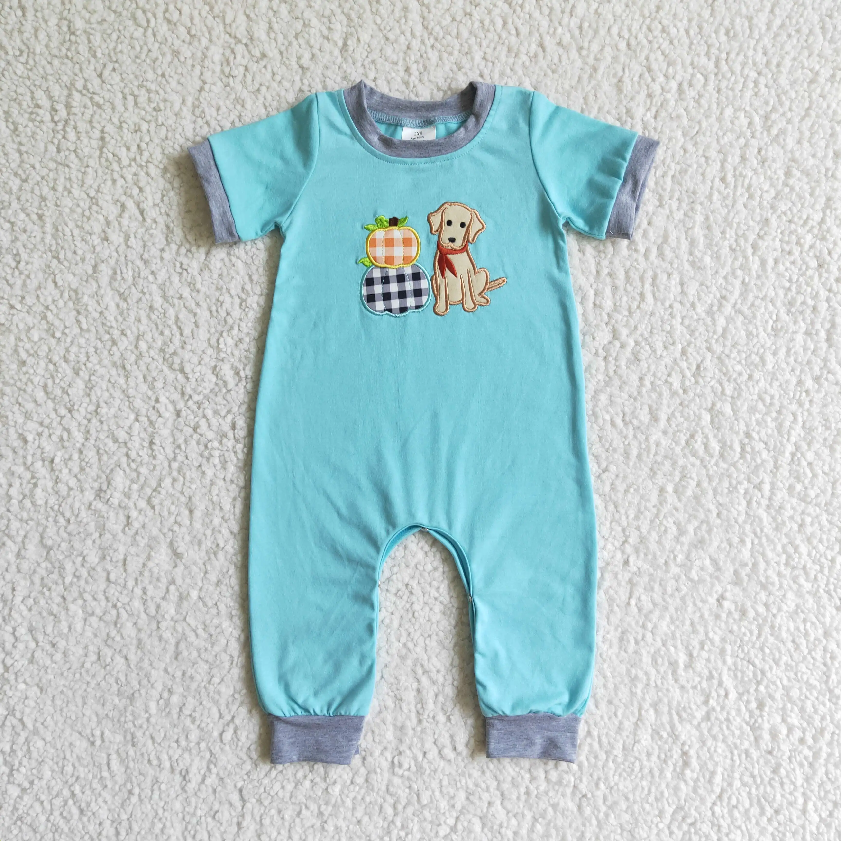 

SR0069 baby boy blue cotton short sleeve romper for halloween infants pumpkin embroidery jumpsuit
