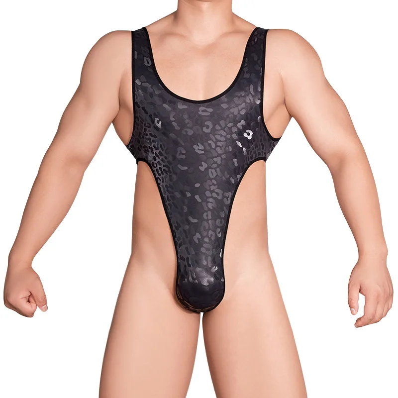 Black Leopard Print Men's Sexy Jumpsuit Stretch One-Piece Underwear Plus Size Bodysuit High Cut Rompers