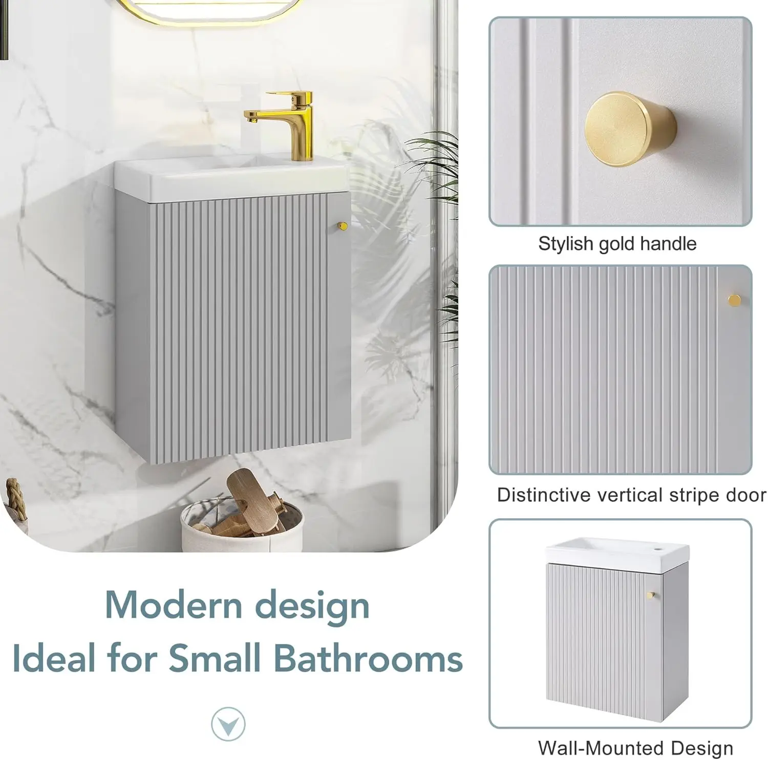 Modern Combo Bathroom Vanity with Ceramic Basin 16" Bathroom Vanity Sink for Small Space, Wall Mounted Cabinet Set 2