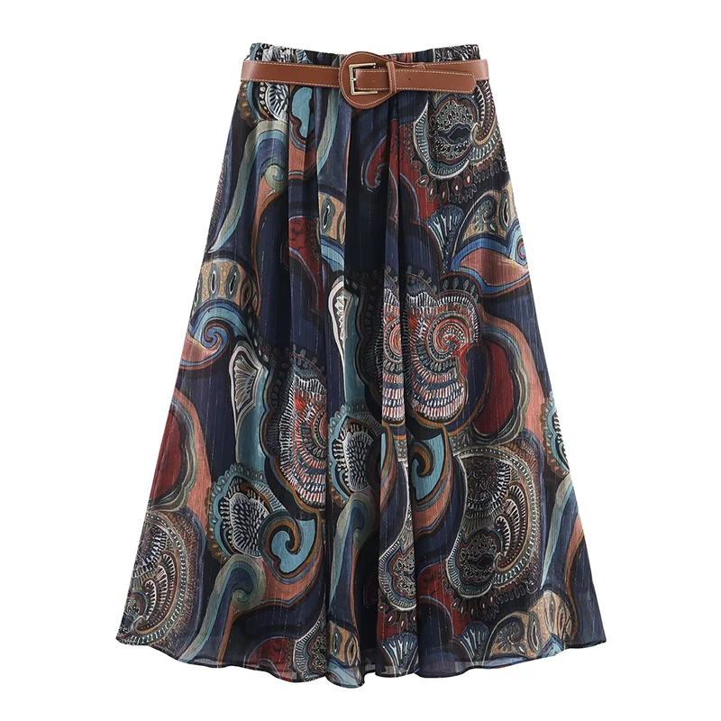 Chic Elegant Pleated Long Skirts For Women Fashion 2025 New With Belt Vintage Printed Midi Skirt Street Casual Holiday Skirts
