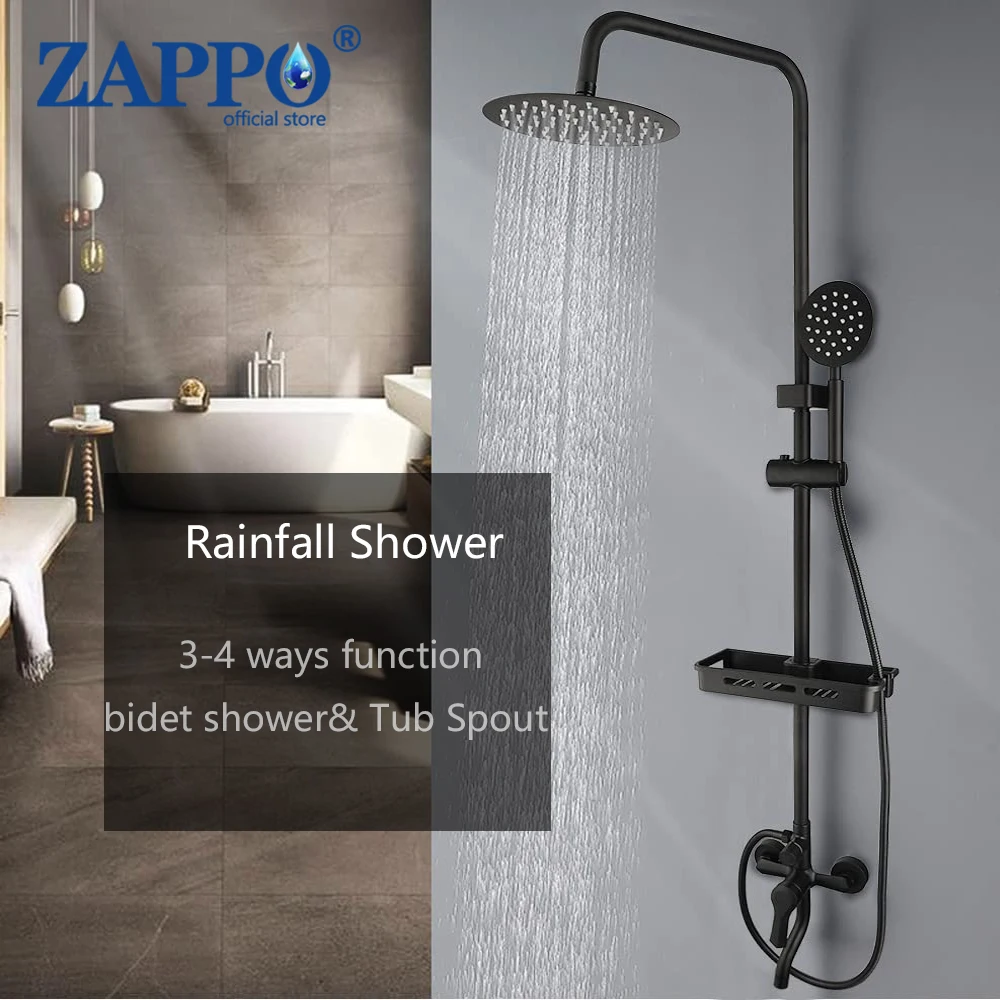 ZAPPO Matte Black Bathroom Shower Set 8 inch Rainfall Shower Head Wall Mounted 3-4 Function Rainfall Shower System & ABS Shelf