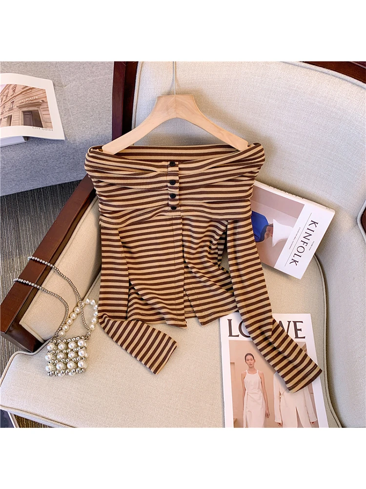 

Женский полосатый пуловер, винтажный свитер в стиле 90-х в Корейском стиле Харадзюку, свитеры цвета хаки с длинным рукавом, одежда Y2k на осень, 2023