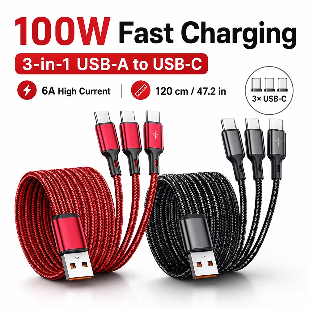 Universal 3-in-1 High-Power Fast Charging Cable with USB A to Triple Type-C Ports