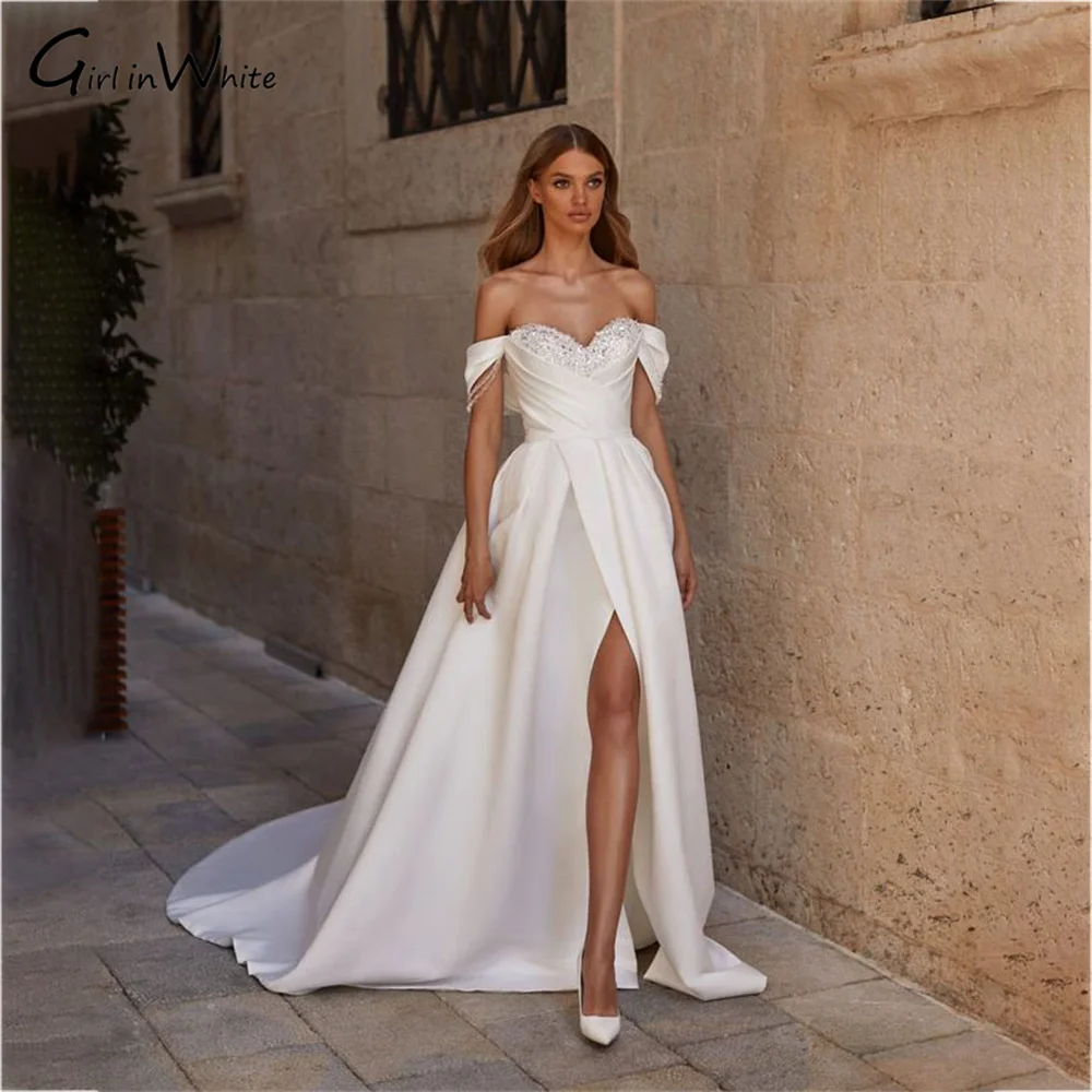 

Modern A Line Side Slit Wedding Dress Sequined Sweetheart Wedding Bridal Gown Off The Shoulder Satin Bride Dress robe de mariée