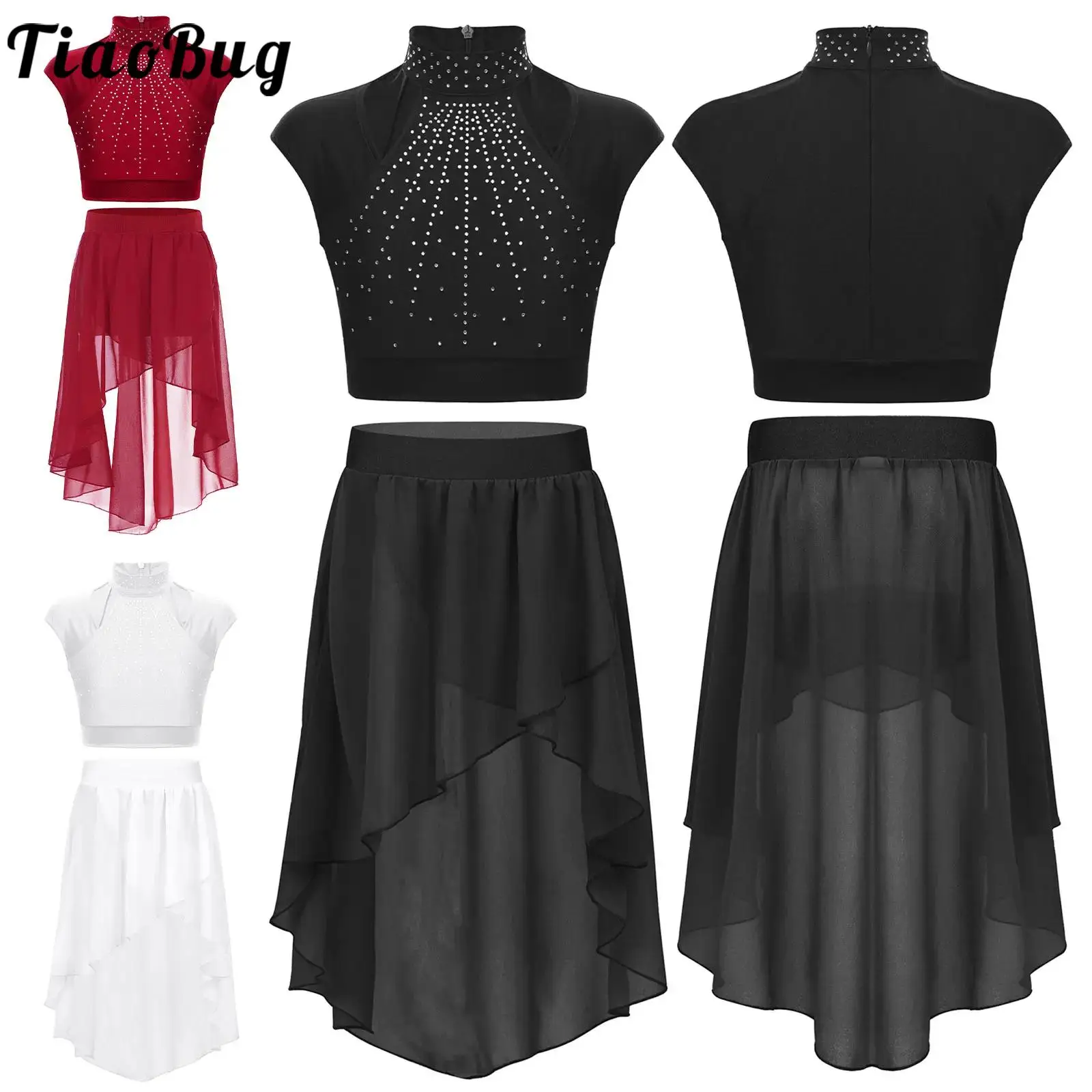 Kids Girls Sleeveless Shiny Rhinestones Crop Top with Asymmetrica Chiffon Skirt for Figure Skating Dance Gymnastics Performance