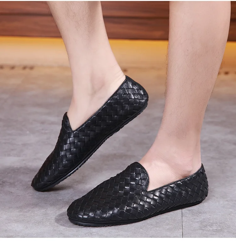 Men's Genuine Leather Braid Shoes Comfortable Black Zipper Wallet Shoes British Korean Breathable Portable Travel Casual Shoes