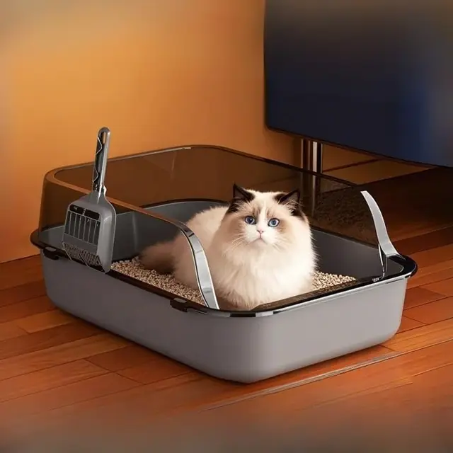 Semi-Enclosed Cat Litter Box Splashproof Kitten Toilet Tray Pet Cleaning Basin with High Sides for Indoor Use 2