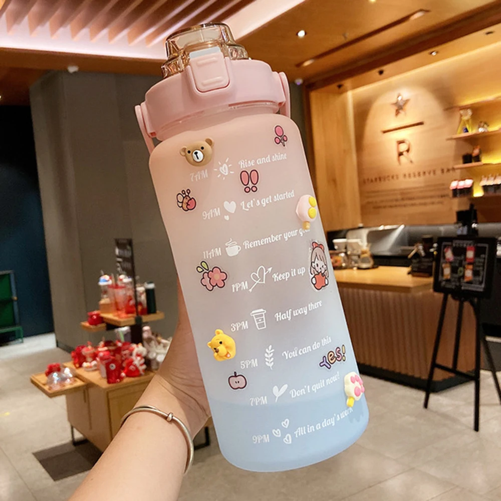 

2L Large-capacity Water Bottle With Bounce Lid Timeline Reminder Leak-proof Frosted Cup For Summer Outdoor Student Couple Cup