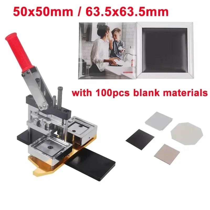 Badge Maker Square Refrigerator Badge Press Machine 50x50mm/63.5x63.5mm Rotating Manual Fridge Magnet Making Machine with 100PCS Magnet Part