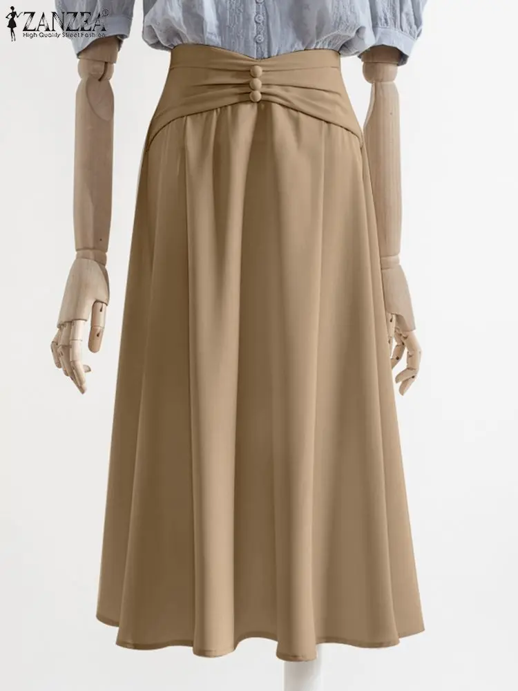 

ZANZEA Women Solid Color Jupes Pleating Waist Fashion Jupe Holiday Oversize Long Skirts A-Line High Waist Buttons Elegant Faldas