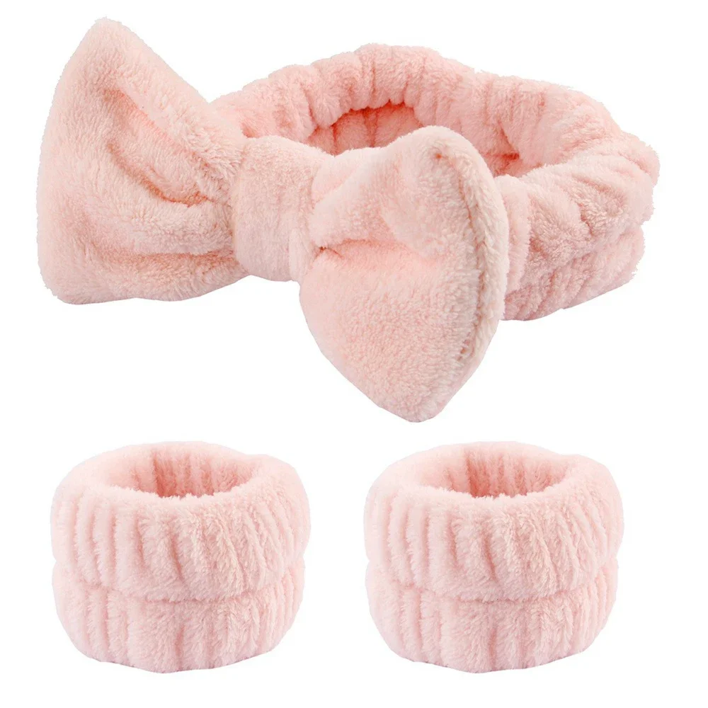 Bow Headband & Wristband Set - Soft Elastic Towel for Face Washing, Makeup, Yoga, and Skincare