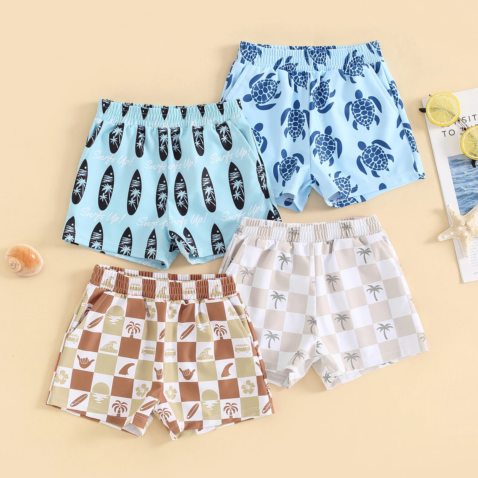 Children Baby Boys Plaid Turtle Surfboard Print Swimwear Swim Trunks Summer Toddler Elastic Waist Bathing Suit Swimming Shorts