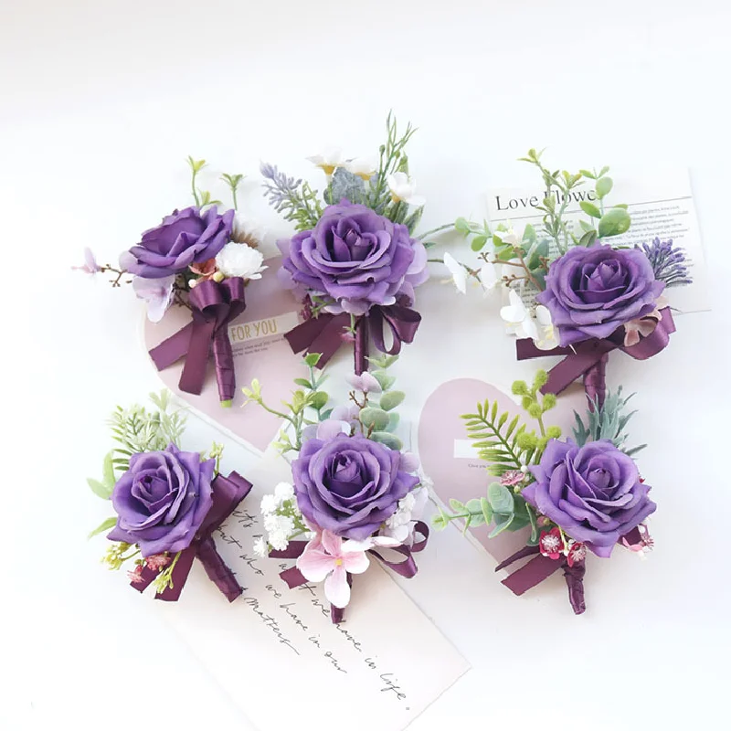 

Boutonniere And Wrist Corsage Wedding Supplies Banquet Guests Simulated Flowers Groom and Bride Hand Flowers Purple