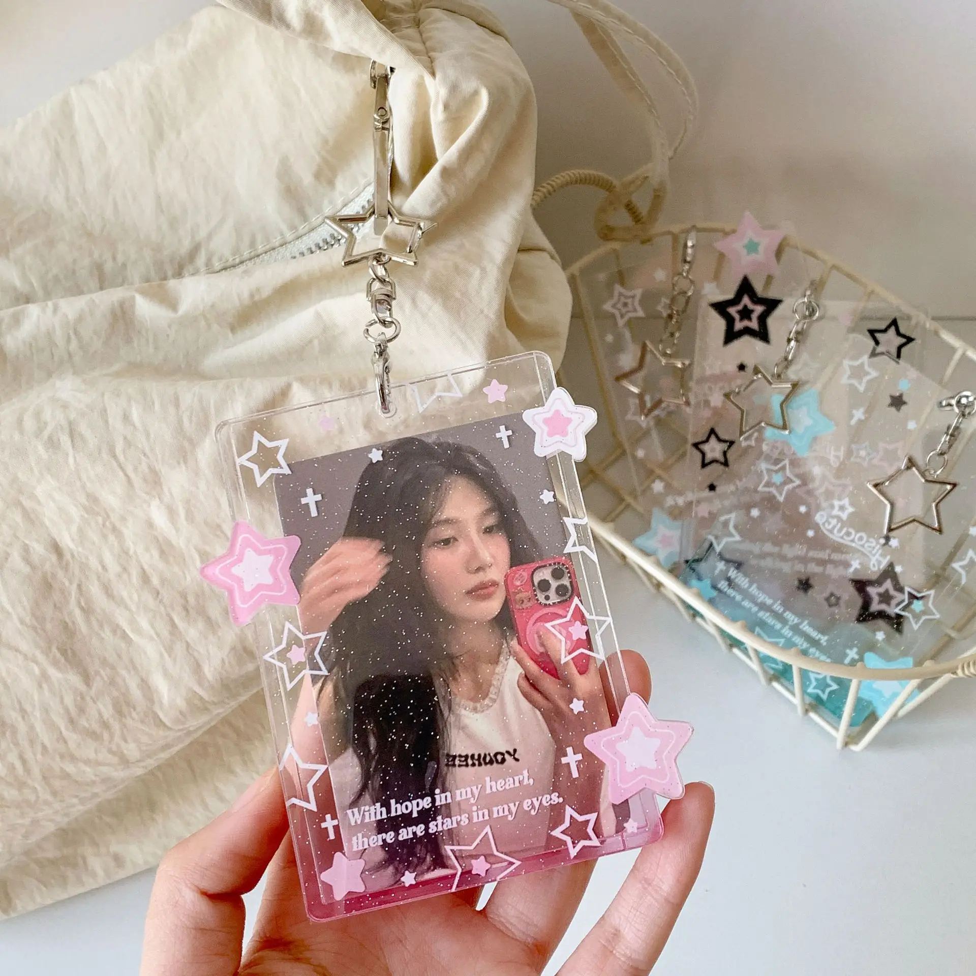 반짝이는 별 사진 카드홀더 키체인 사진 카드홀더, ID 배지 홀더, 버스 카드 신용 ID 은행 카드홀더, 2.4x3.5 인치