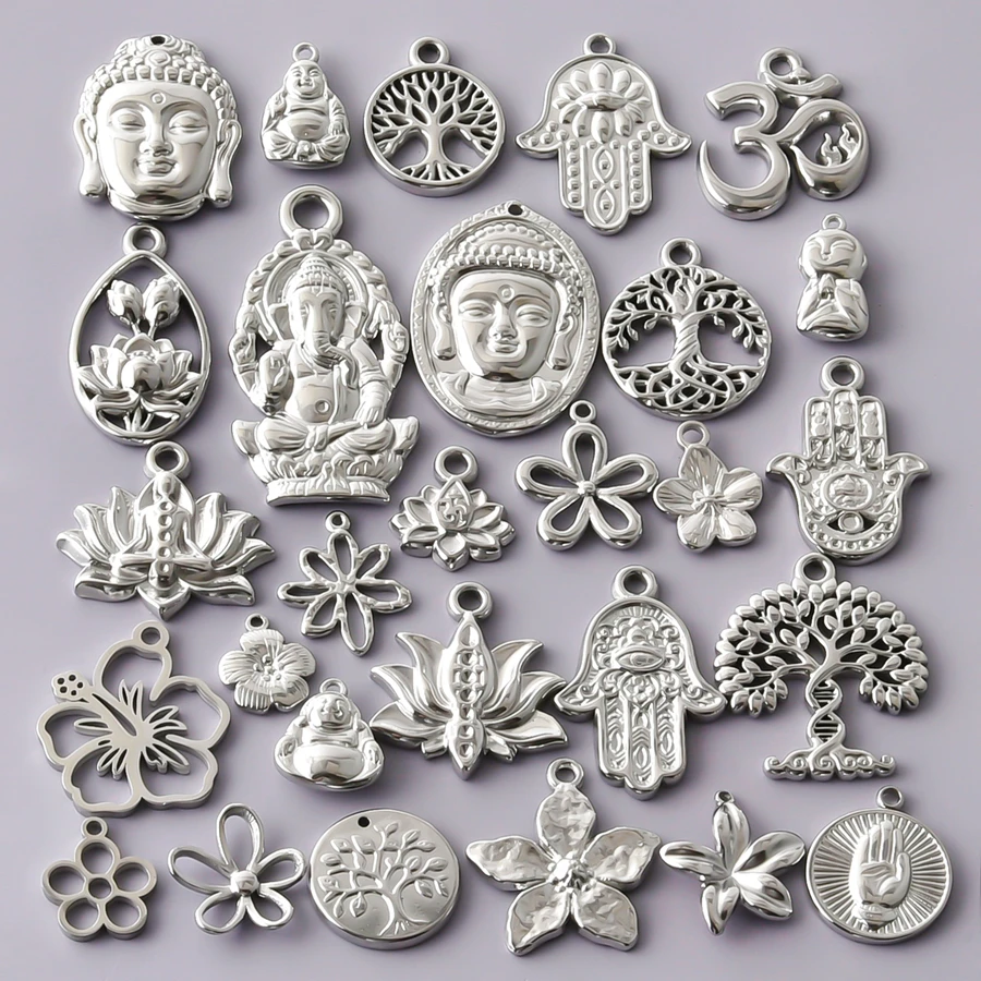 Ethnische Buddha-Kopf- und Fatima-Hand-Anhänger, Blumenbaum-Metall-Edelstahl-Charms für die Schmuckherstellung, Armbänder, Schlüsselanhänger, DIY-Anhänger