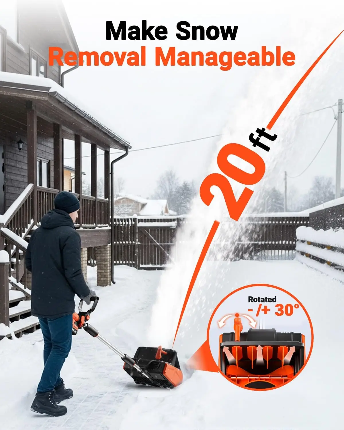 Cordless Snow Shovel, 24V | 13-Inch | 4-Ah Cordless Snow Blower, Battery Snow Blower with Directional Plate & Adjustable Front