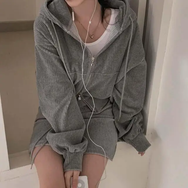 Korean CHic Corduroy Two-piece Skirt Sets Women Hoodie Crop Top Coats Bodycon Mini Skirt Autumn Winter New Outfits Casual Suit