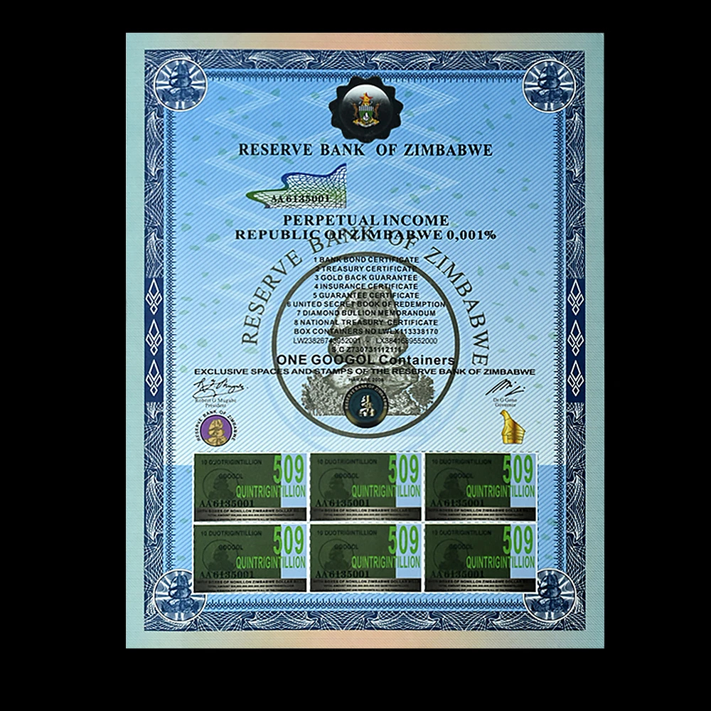 

Zimbabwe Certificate Banknotes One Googol Containers Dollars Paper Money Fans Collect Gift