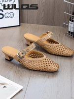 WLQS Mules Et Sabots Femme Mary Jane Tressé Ajouré Rétro Bout Carré Petit Talon Boucle Chaussures De Bureau Décontractées 4