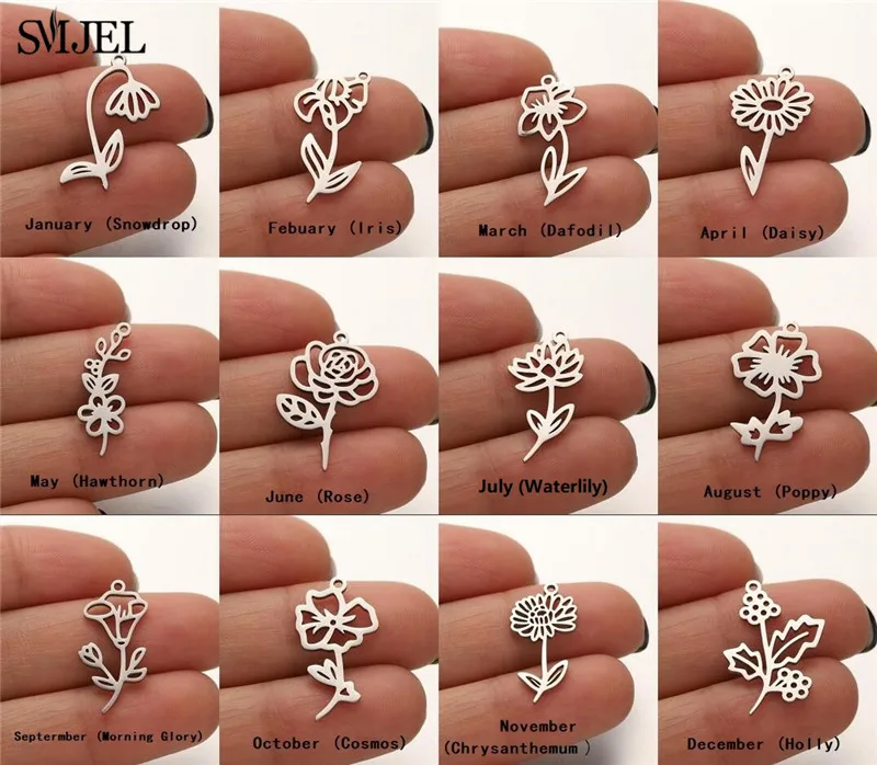 5 Pz/Lotto 1-12 Ciondoli Mensili In Acciaio Inossidabile Con Fiore All'Ingrosso Snowdrop Daisy Poppy Rose Connectors Charm Creazione Di Gioielli Fai D