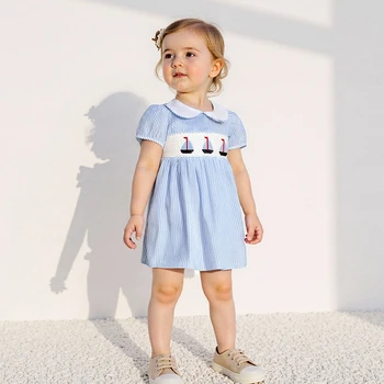 Child Girl Summer Striped A-Line Dress with Doll Collar Short Sleeves and Nautical Embroidery Detail 3
