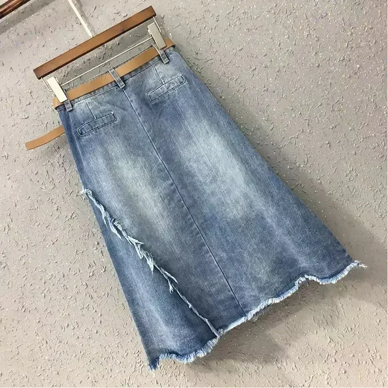 Zipper Jeans Skirts for Women High Waist Midi Patchwork Woman