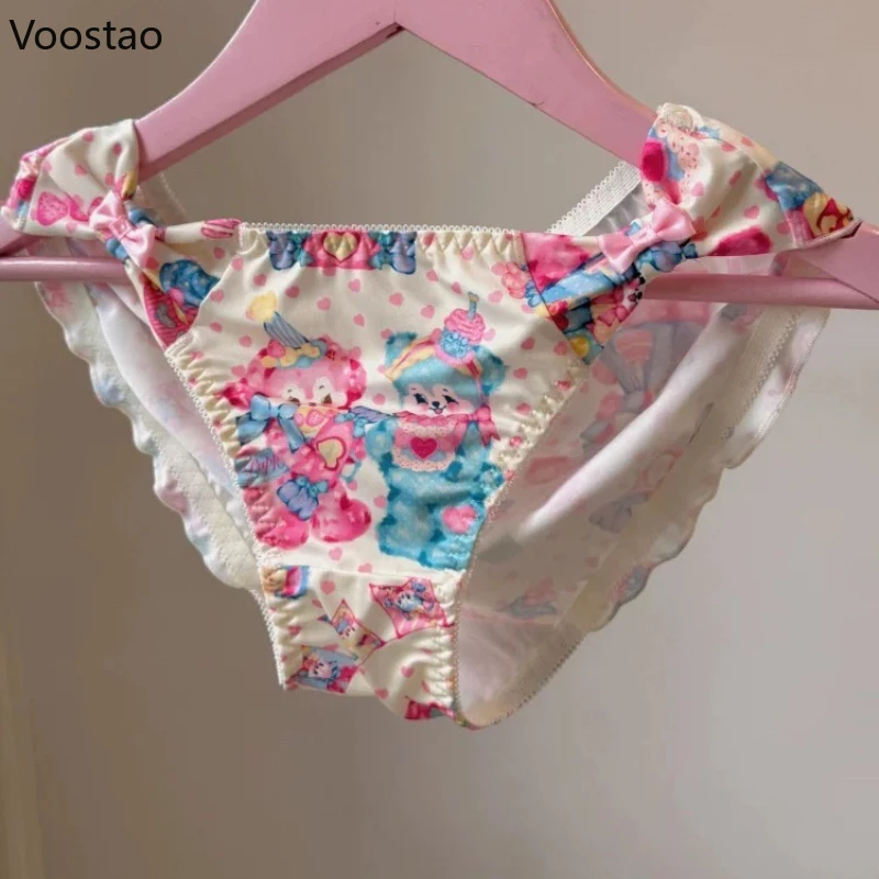 Japanese Sweet Lolita Briefs Women Kawaii Cartoon Candy Rabbit Print Underpants Girls Pink Bow Underwear Female Cute Y2k Panties