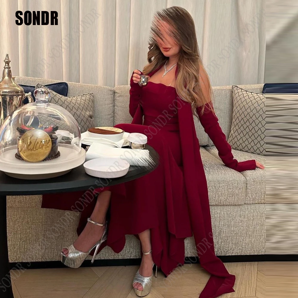 

SONDR Dark Red Satin Lonf Cocktail Dresses Fashion Full Sleeves Strapless Prom Party Gowns Arabic Dubai Evening Prom Dress
