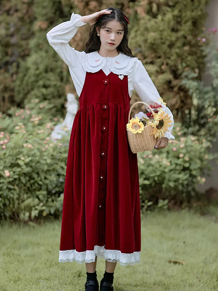 

Summer new women's retro art institute style strap baby collar lace long sleeves splicing loose large length dress suit
