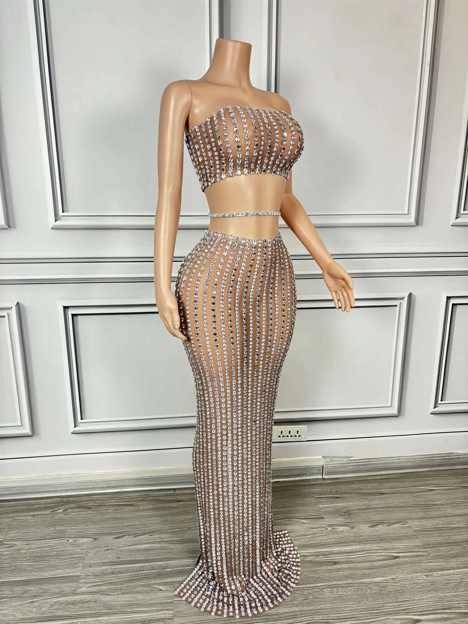 Sparkly Crystals Strapless Crop Top Long Skirt 2Piece Set for Women Sexy Evening Gown Prom Birthday Luxury Maxi Dress Fangyuan - Image 6