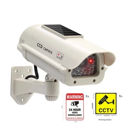 Solar-Powered Waterproof Dummy Security Camera with Red Flashing Light for Home and Office Surveillance (White)
