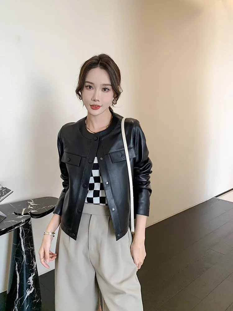 Women\'s Leather Jacket Spring Autumn Fashion Popular O-Neck Single-Breasted Invisible Pocket Short Slim White Sheepskin Ceketler