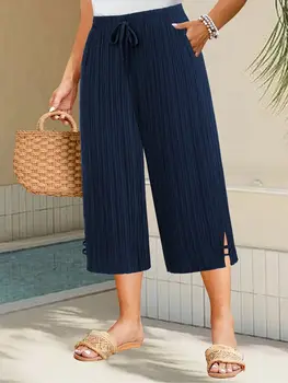 Plus Size Women's Pants Summer Fashion Stripes Texture Natural Waist Ankle Wide Leg Daily Pants 1