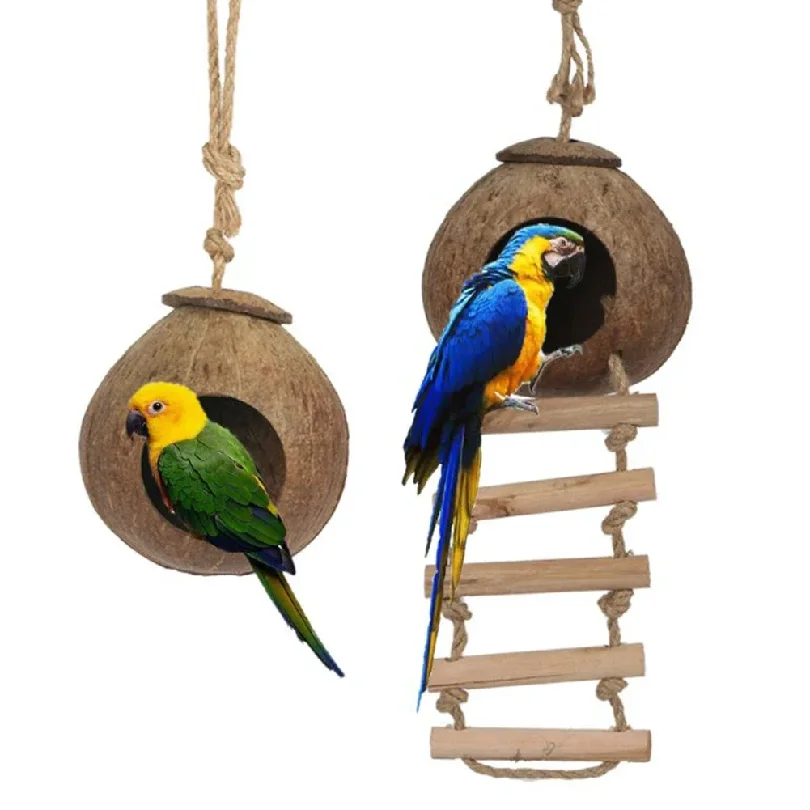 Casetta per Uccelli in Cocco con Scala Sospesa, Nido per Uccelli in Cocco Sospeso, Nascondiglio per Pappagalli, Gabbia per Uccelli per Piccioncini e Piccioni, Accessori per Animali Domestici - immagine 2