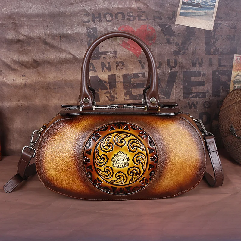 

2024 New Genuine Leather Women Bag Retro Embossed Chinese Style Handbag Soft Cowhide Luxury Shoulder Crossbody Bags Sac A Main