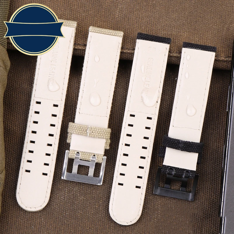 Durable Outdoor Sports Canvas Watchband with Premium Cowhide Accents - Available in Black, Khaki, and Brown