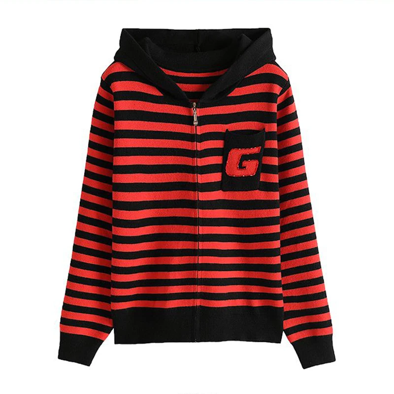 

Early Autumn New Striped Knit Cardigan 2023 Middle-aged Mother Wearing Hooded Sweater Loose Fashion SweaterCasual Coat Female