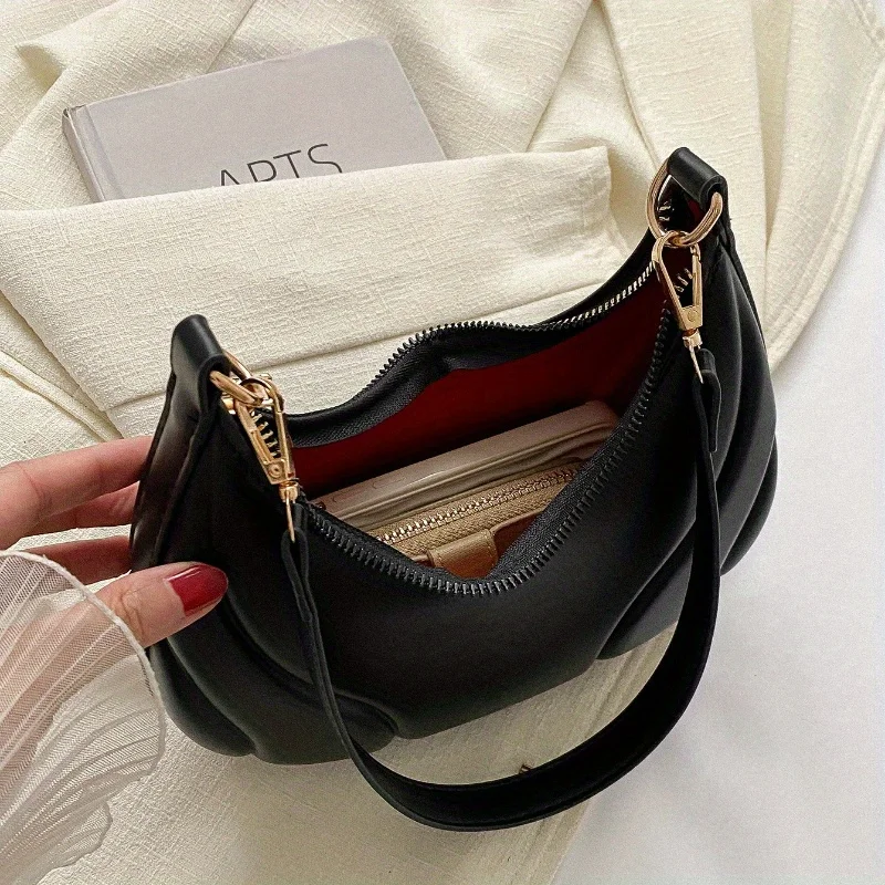 Stylish Shoulder Bag with Golden-Tone Hardware & Zipper Closure Versatile Nylon Lined Chic Handbag for Casual & Formal Occasions