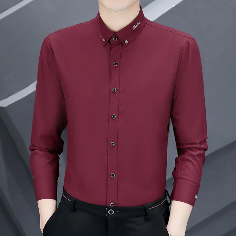 Fashion Lapel All-match Embroidery Business Shirts Men's Clothing 2023 Autumn New Oversized Casual Tops Solid Color Korean Shirt