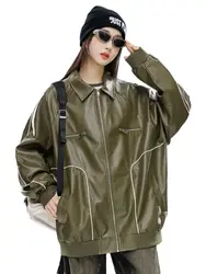 2024 Women's Vintage Motor Loose Oversized Faux Leather Jackets Female Trend High Street Big Pockets Bomber PU Army Green Coats