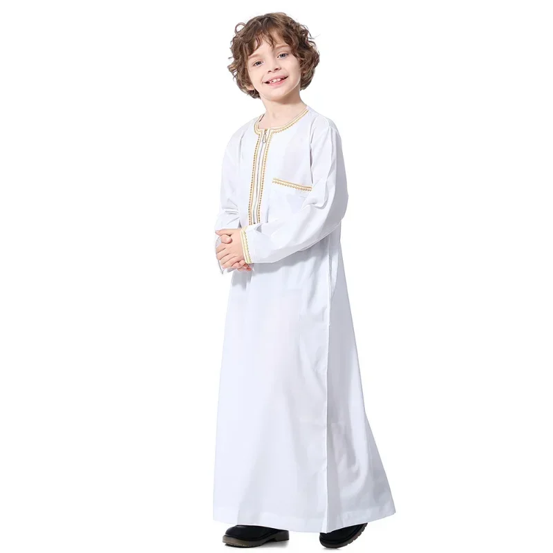 Muslim Boys Robe Round Collar Embroidered Long Sleeves Dress Gown Saudi Arabia Abaya Kaftan Jubba Thobe Islamic Clothes