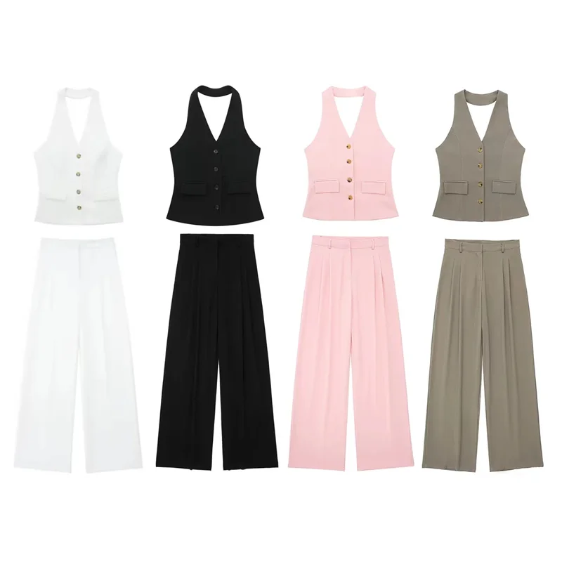 MUJER Pants Sets For Women 2 Pieces Off Shoulder Sleeveless Vest Woman Outfit Fashion Wide Leg Pants Elegant Casual Women's Set - 6